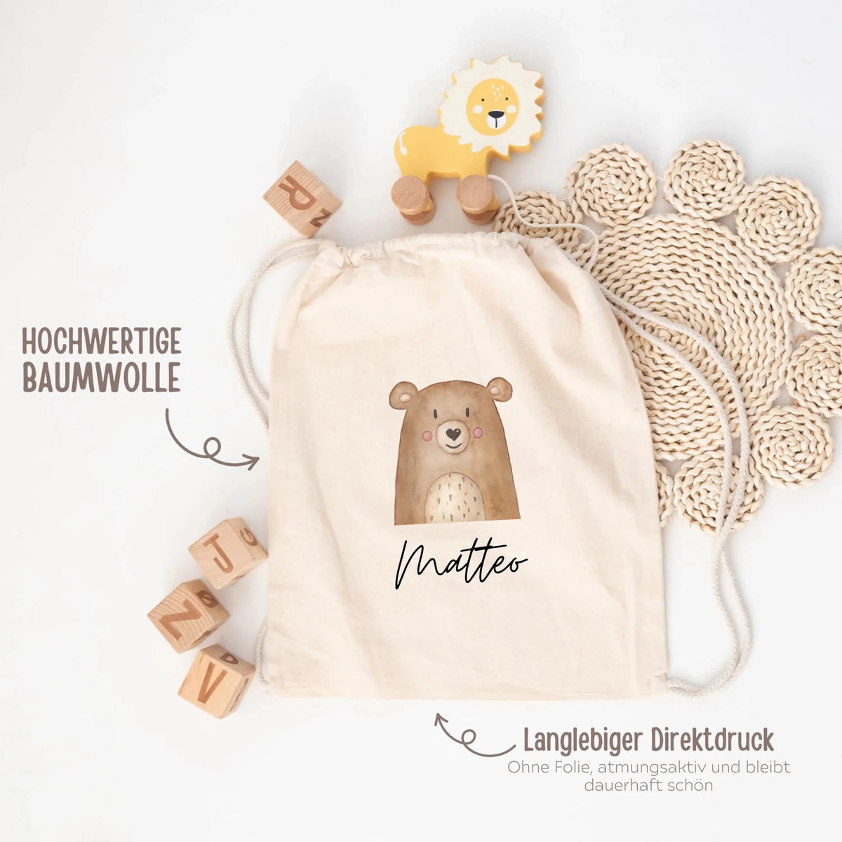 Schul-Start Bundle - Turnbeutel, Brotdose + Kinder Trinkflasche weiß personalisiert - Tier Aquarell - wunderwunsch