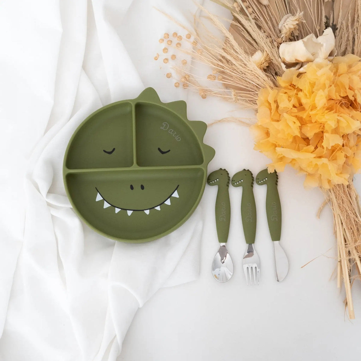 SET Silikon-Esslernteller mit Saugnapf + Besteck - Tier - wunderwunsch