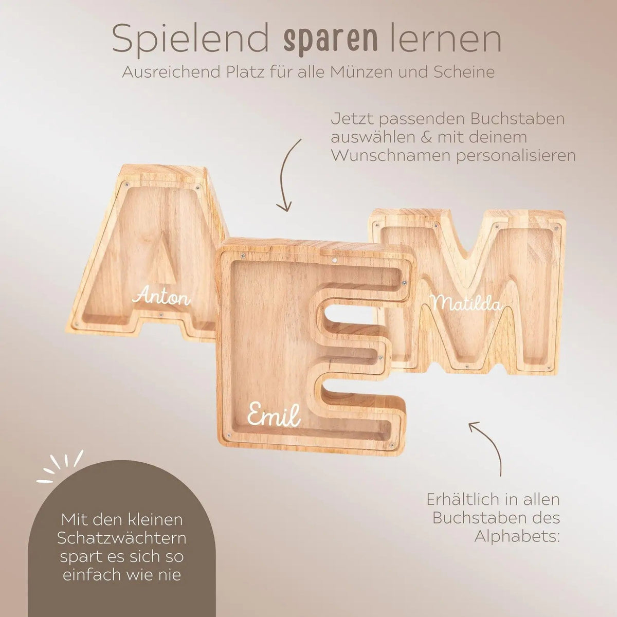Spardose Holz mit Wunschnamen - Buchstaben - wunderwunsch