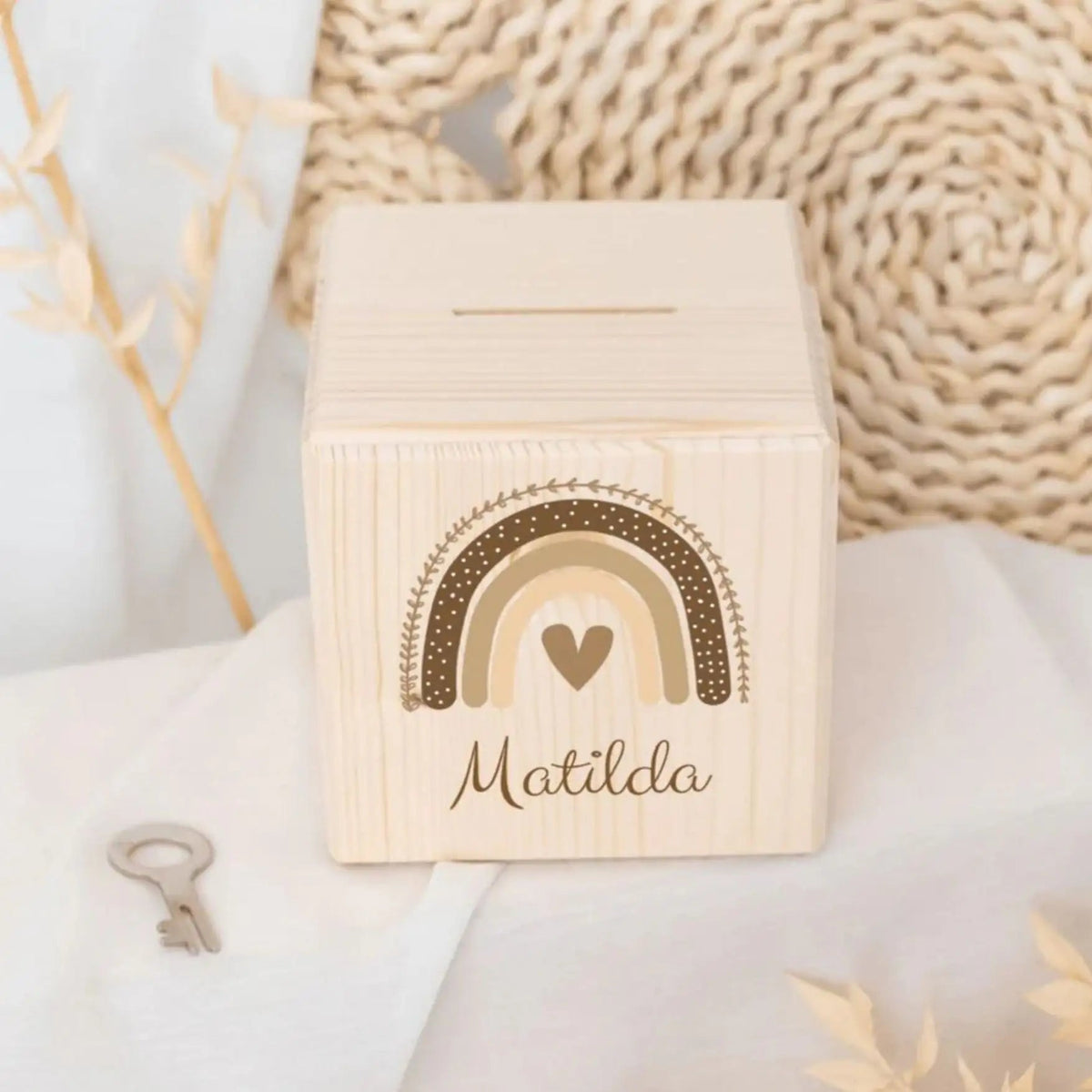 Spardose Holz personalisiert - Regenbogen Boho beige Aquarell - wunderwunsch