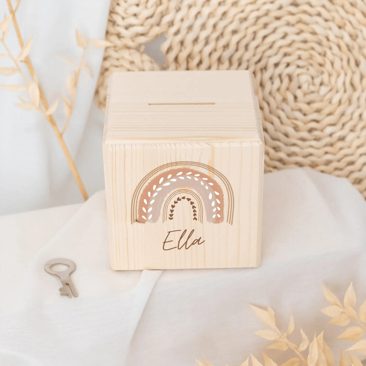 Spardose Holz personalisiert - Regenbogen Boho pastell Aquarell - wunderwunsch