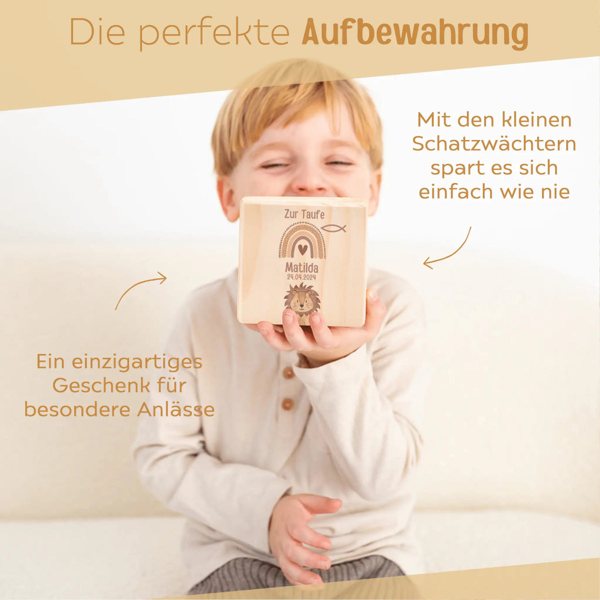 Spardose Holz personalisiert - Taufe Tier Aquarell - wunderwunsch