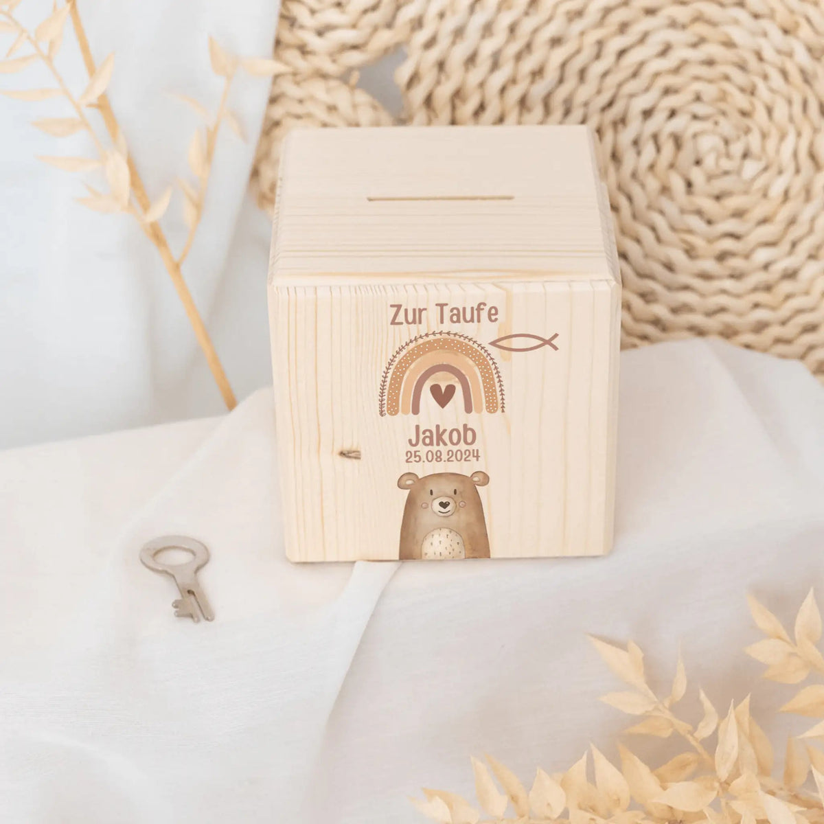 Spardose Holz personalisiert - Taufe Tier Aquarell - wunderwunsch