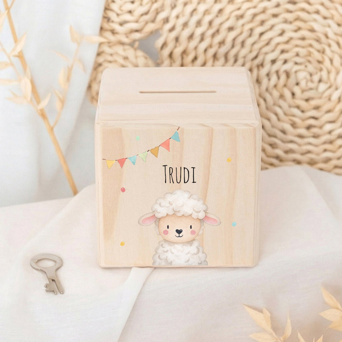 Spardose Holz personalisiert - Tier Girlande Aquarell - wunderwunsch