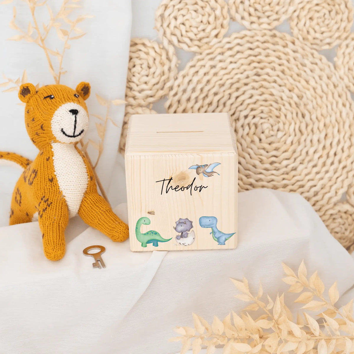 Spardose Holz personalisiert - Tiere unten/ Dinos unten Aquarell - wunderwunsch
