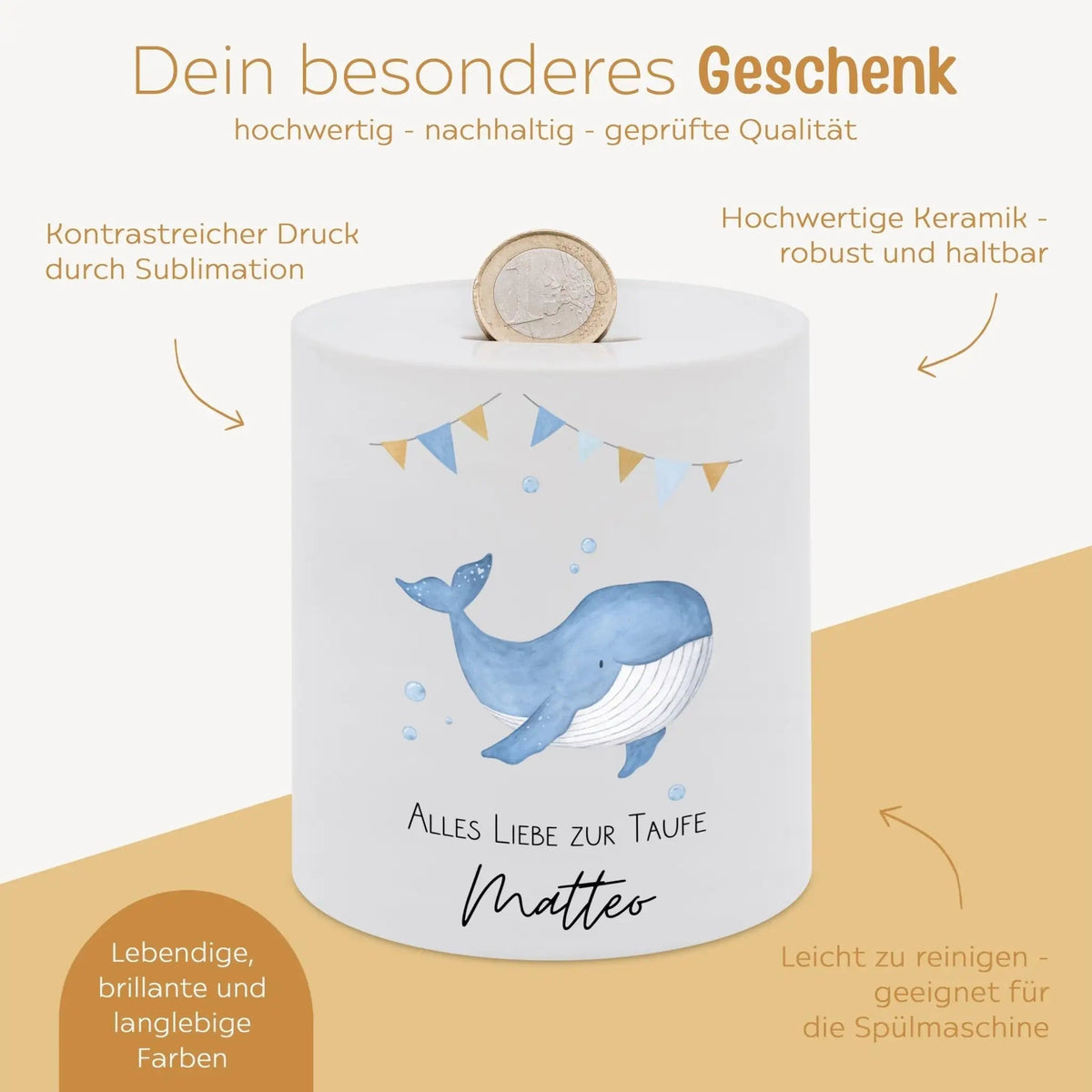 Spardose Keramik personalisiert - Taufe Wal Aquarell - wunderwunsch