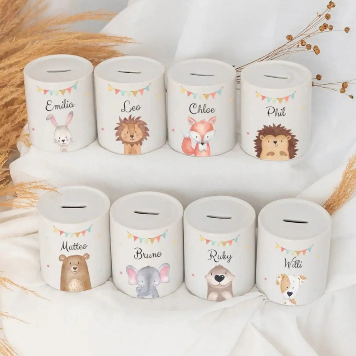 Spardose Keramik personalisiert - Tier Girlande Aquarell - wunderwunsch