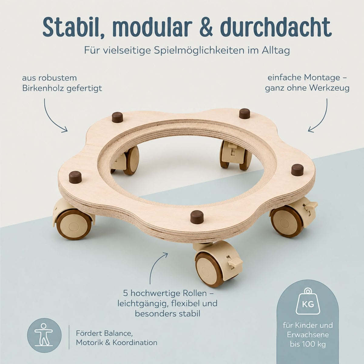 STAPELWELT Blumenroller aus Holz mit 5 Rollen - wunderwunsch