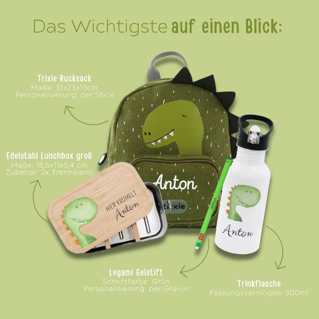 Starter-Geschenkset "Dino" personalisiert: Rucksack, Lunchbox, Flasche, Stift - wunderwunsch