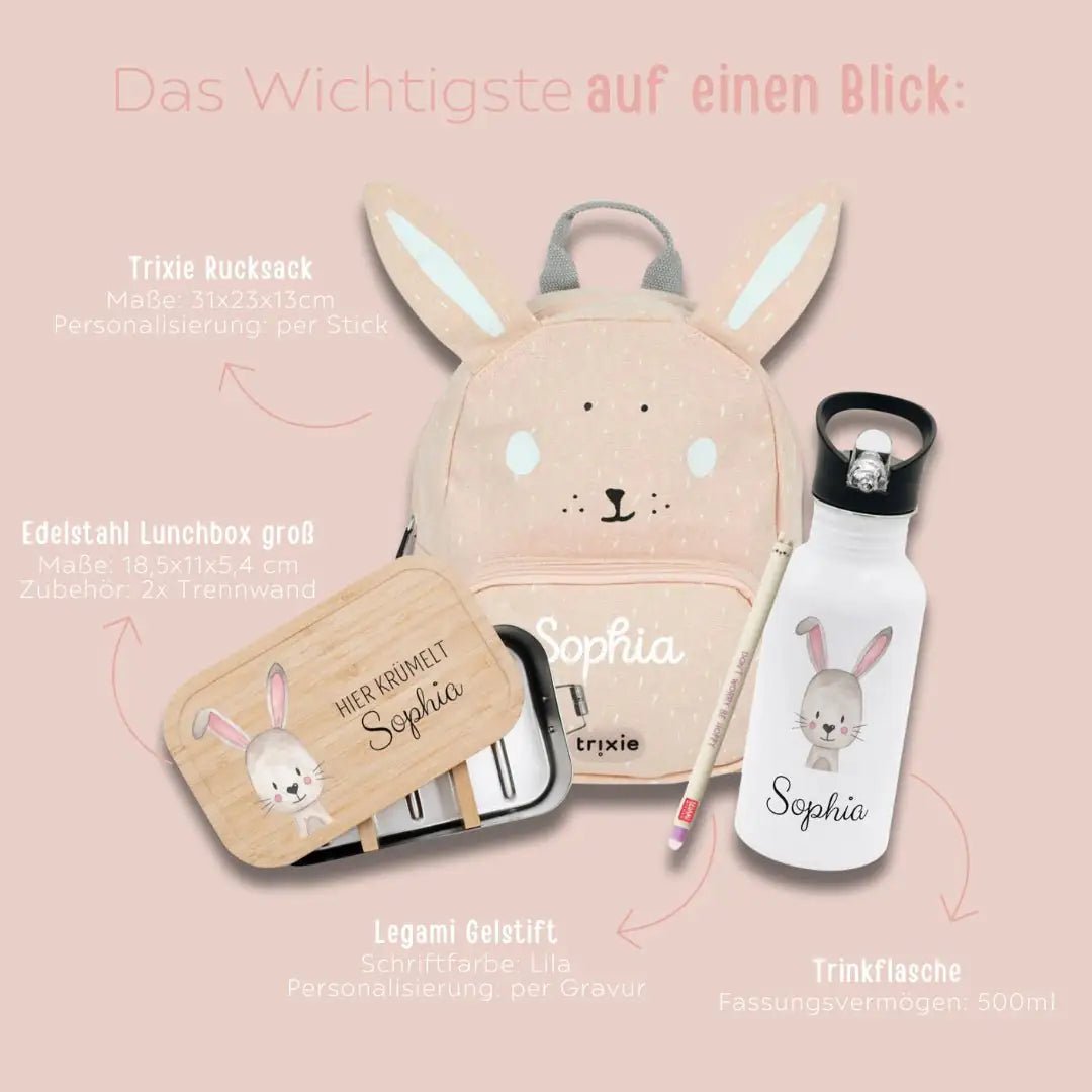 Starter-Geschenkset "Hase" personalisiert: Rucksack, Lunchbox, Flasche, Stift - wunderwunsch