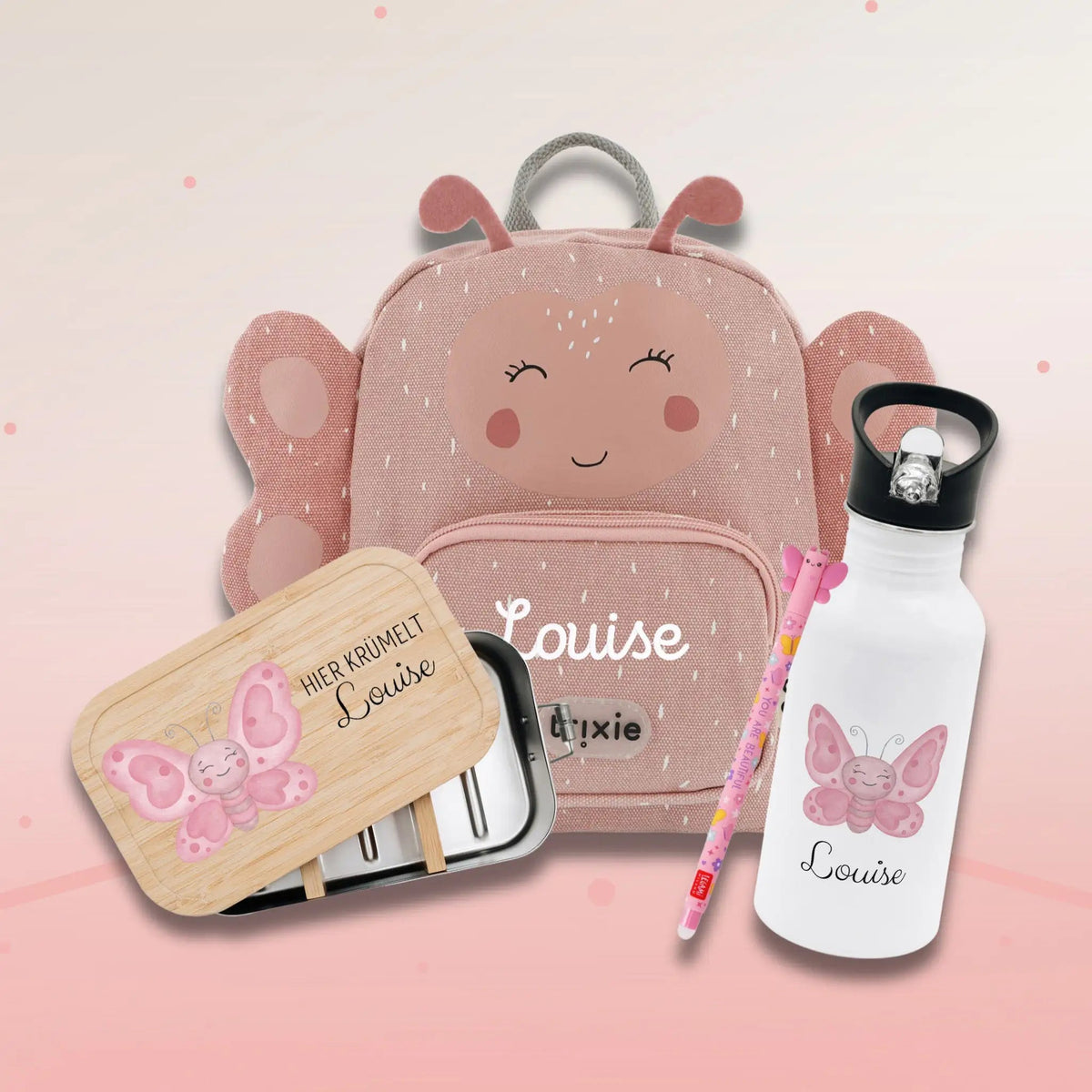 Starter-Geschenkset "Schmetterling" personalisiert: Rucksack, Lunchbox, Flasche, Stift - wunderwunsch