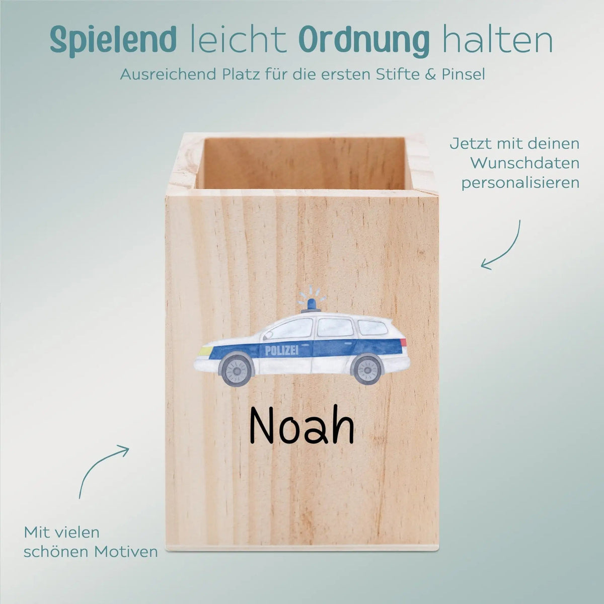 Stiftebecher Holz personalisiert - Fahrzeug Aquarell - wunderwunsch