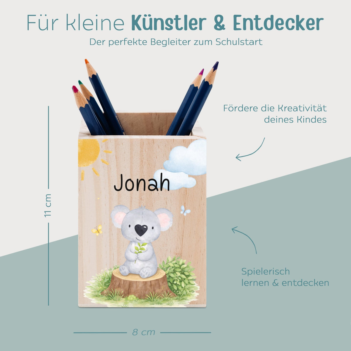 Stiftebecher Holz personalisiert - Ganzkörper Tier Aquarell - wunderwunsch