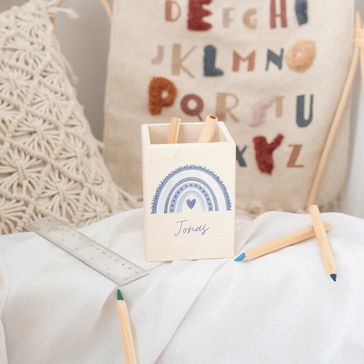 Stiftebecher Holz personalisiert - Regenbogen Punkte Aquarell - wunderwunsch