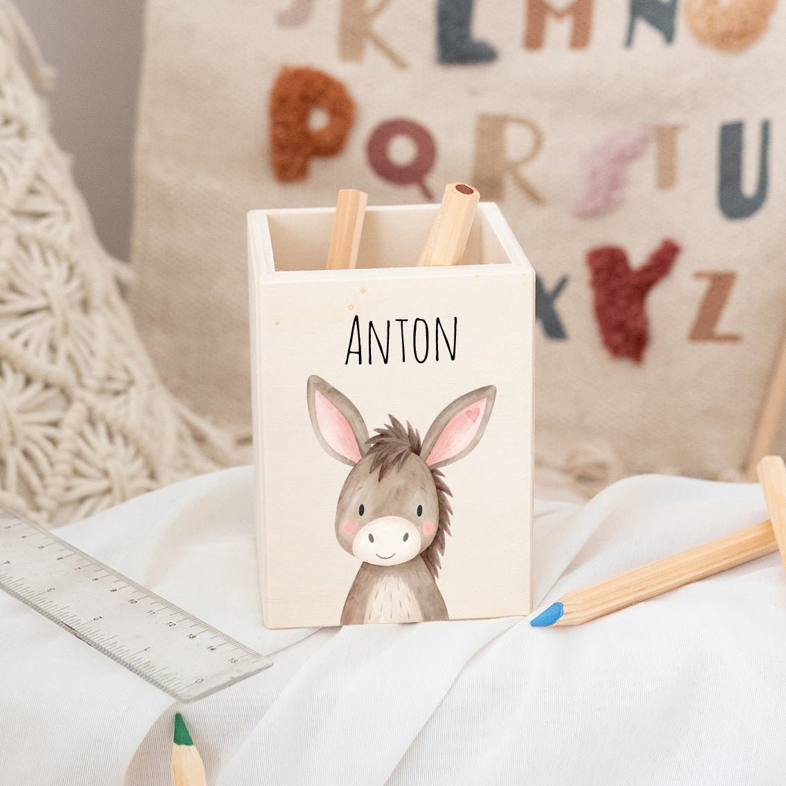 Stiftebecher Holz personalisiert - Tier Aquarell - wunderwunsch