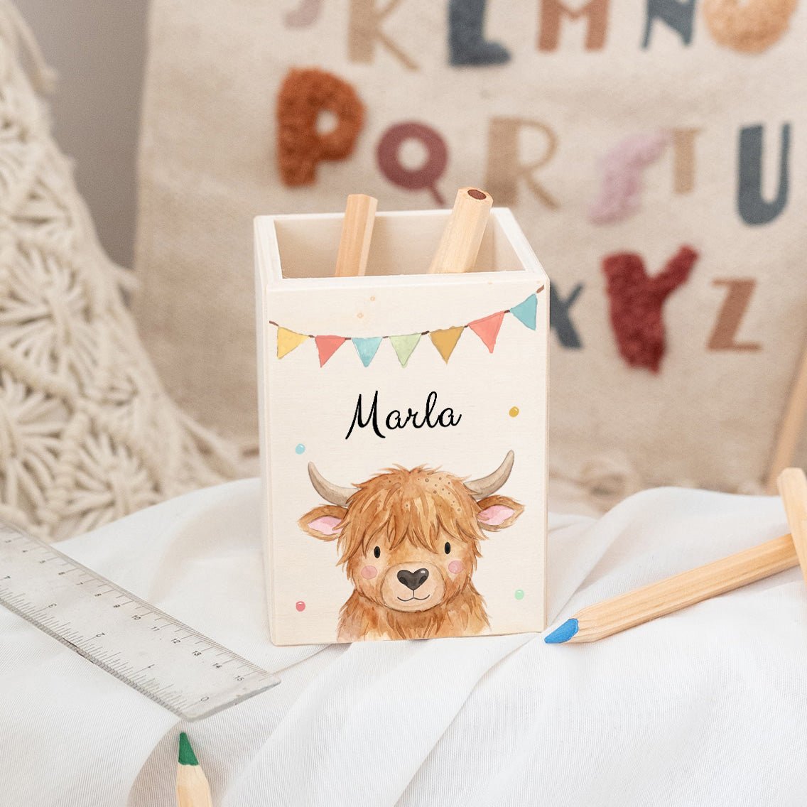 Stiftebecher Holz personalisiert - Tier Girlande Aquarell - wunderwunsch