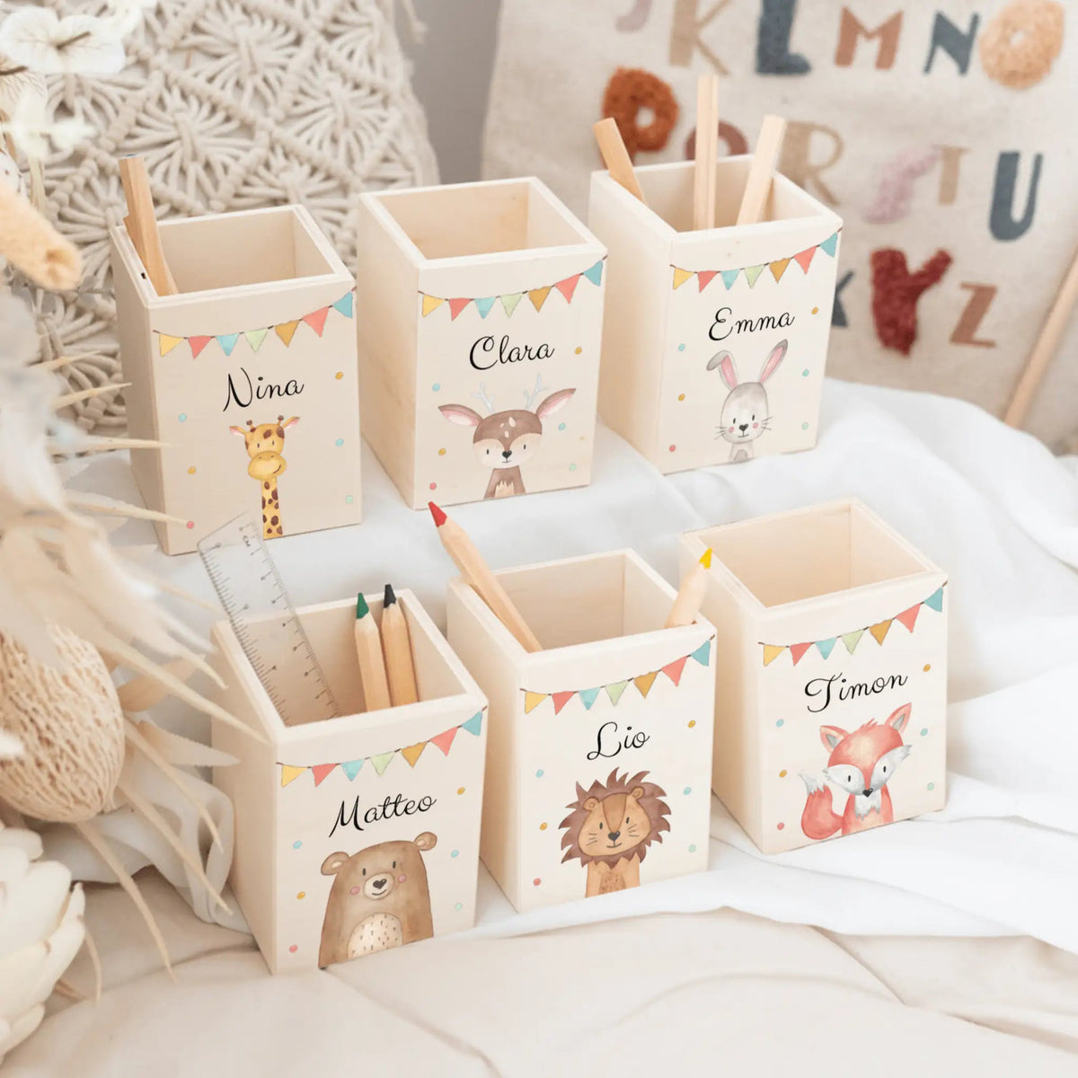 Stiftebecher Holz personalisiert - Tier Girlande Aquarell - wunderwunsch