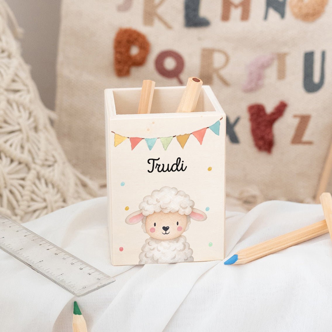 Stiftebecher Holz personalisiert - Tier Girlande Aquarell - wunderwunsch