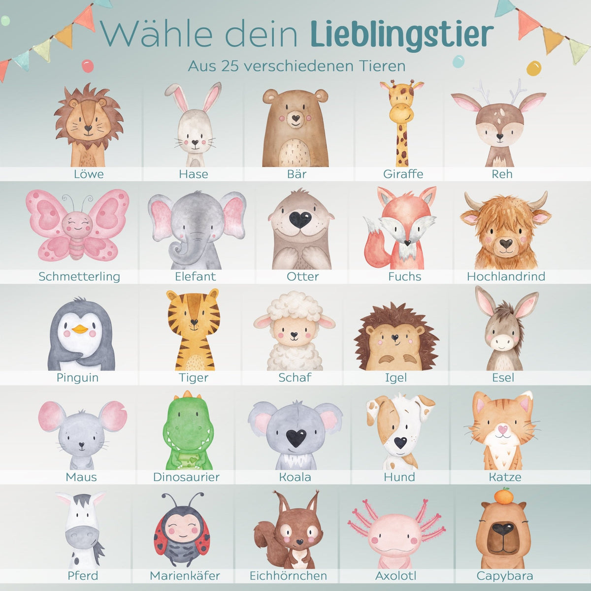 Stiftebecher Holz personalisiert - Tier Girlande Aquarell - wunderwunsch