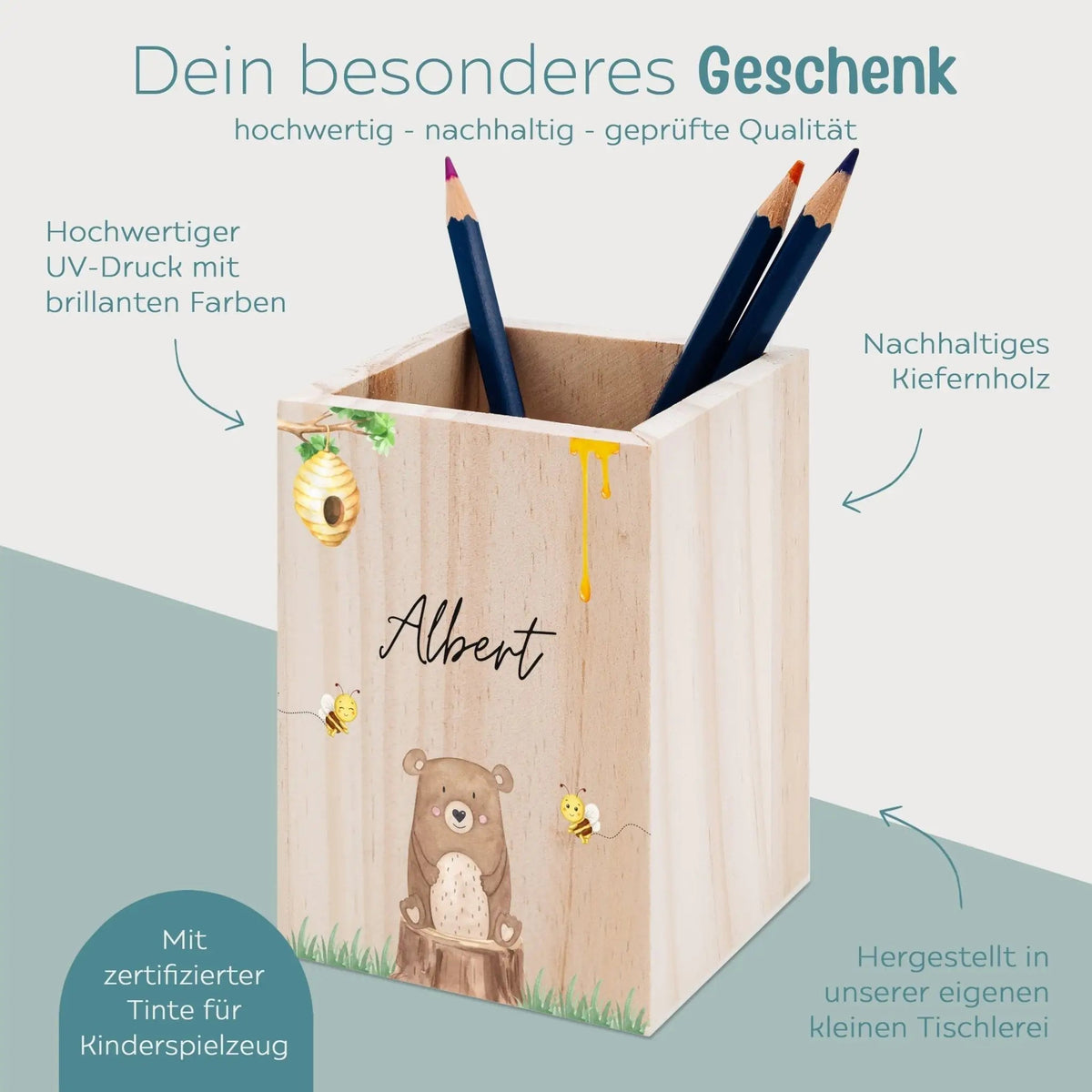 Stiftebecher Holz personalisiert - Tierischer Gartenzauber Aquarell - wunderwunsch