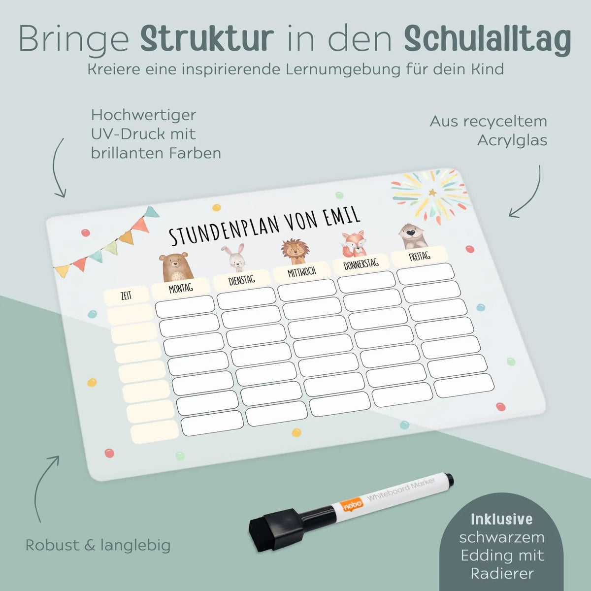 Stundenplan abwischbar personalisiert - Tiere oben Girlande - wunderwunsch