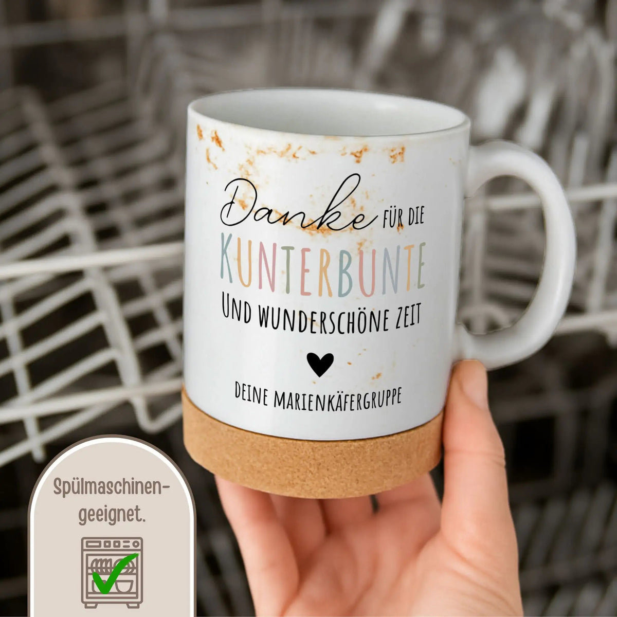 Tasse mit Korkboden - Danke für die kunterbunte Zeit - wunderwunsch
