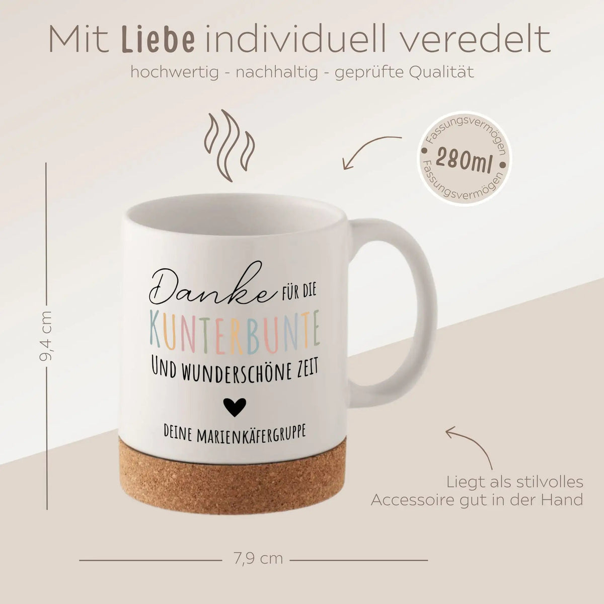 Tasse mit Korkboden - Danke für die kunterbunte Zeit - wunderwunsch