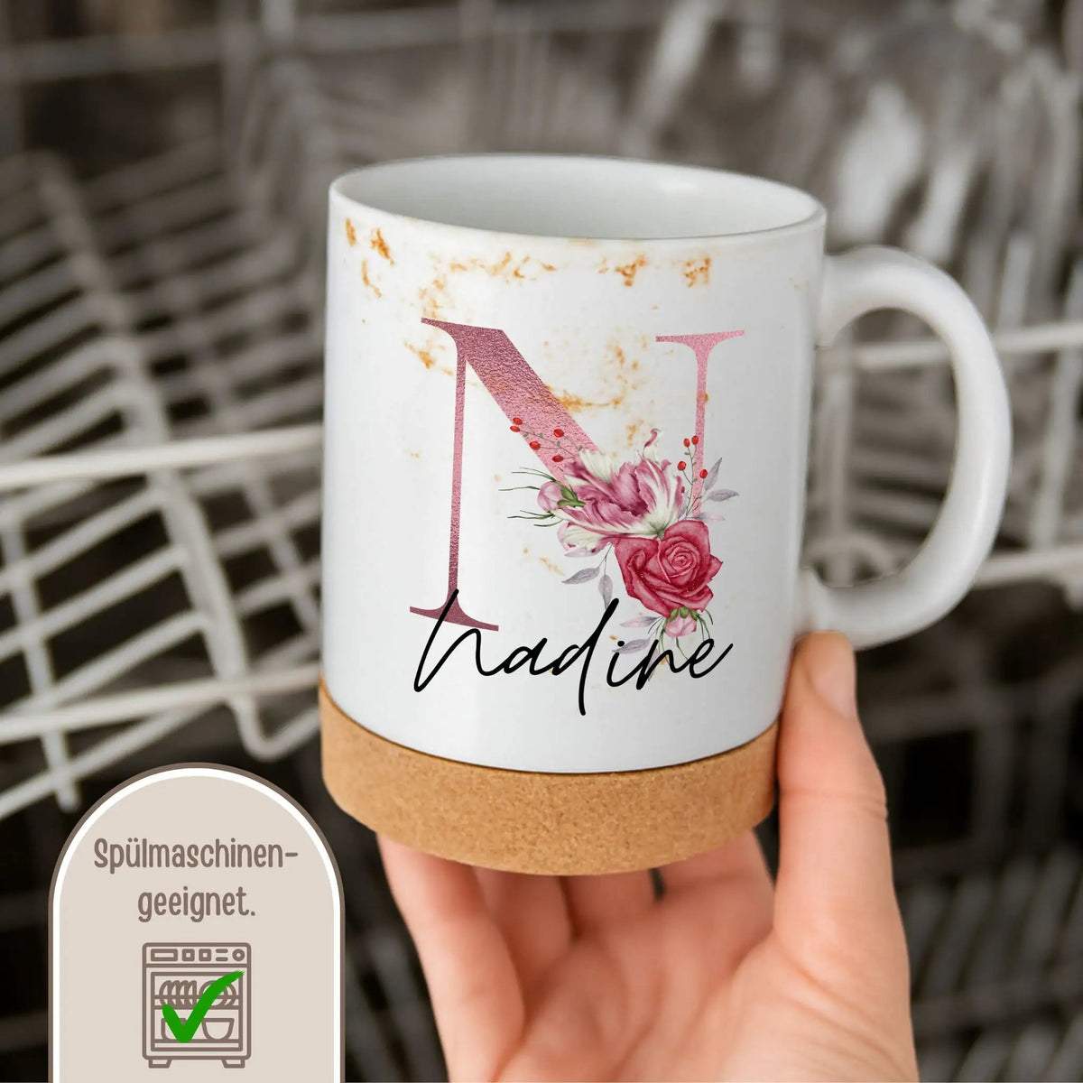 Tasse mit Korkboden - Initial Buchstabe Blumen - wunderwunsch