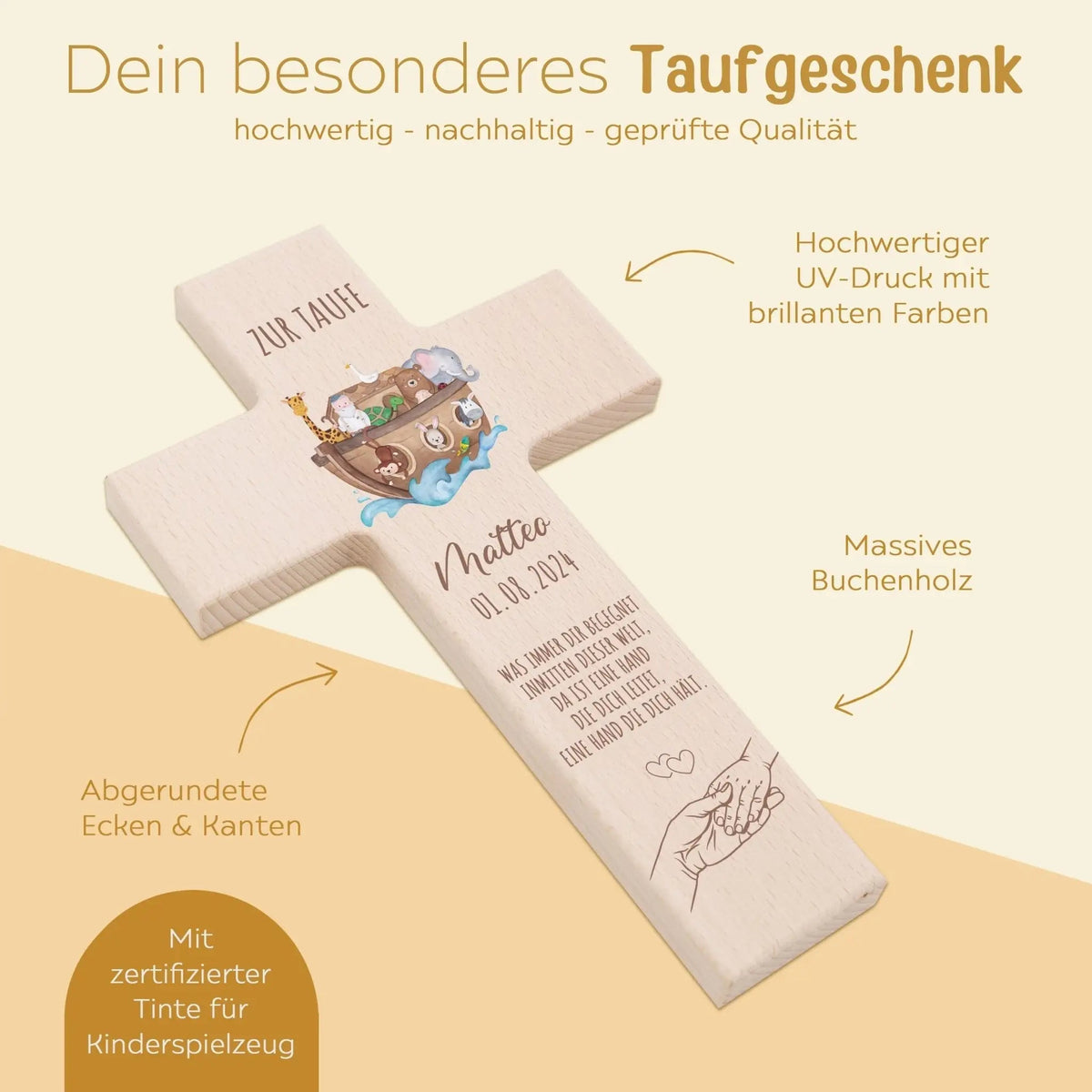 Taufkreuz aus Holz - Arche Noah Tiere Aquarell - wunderwunsch