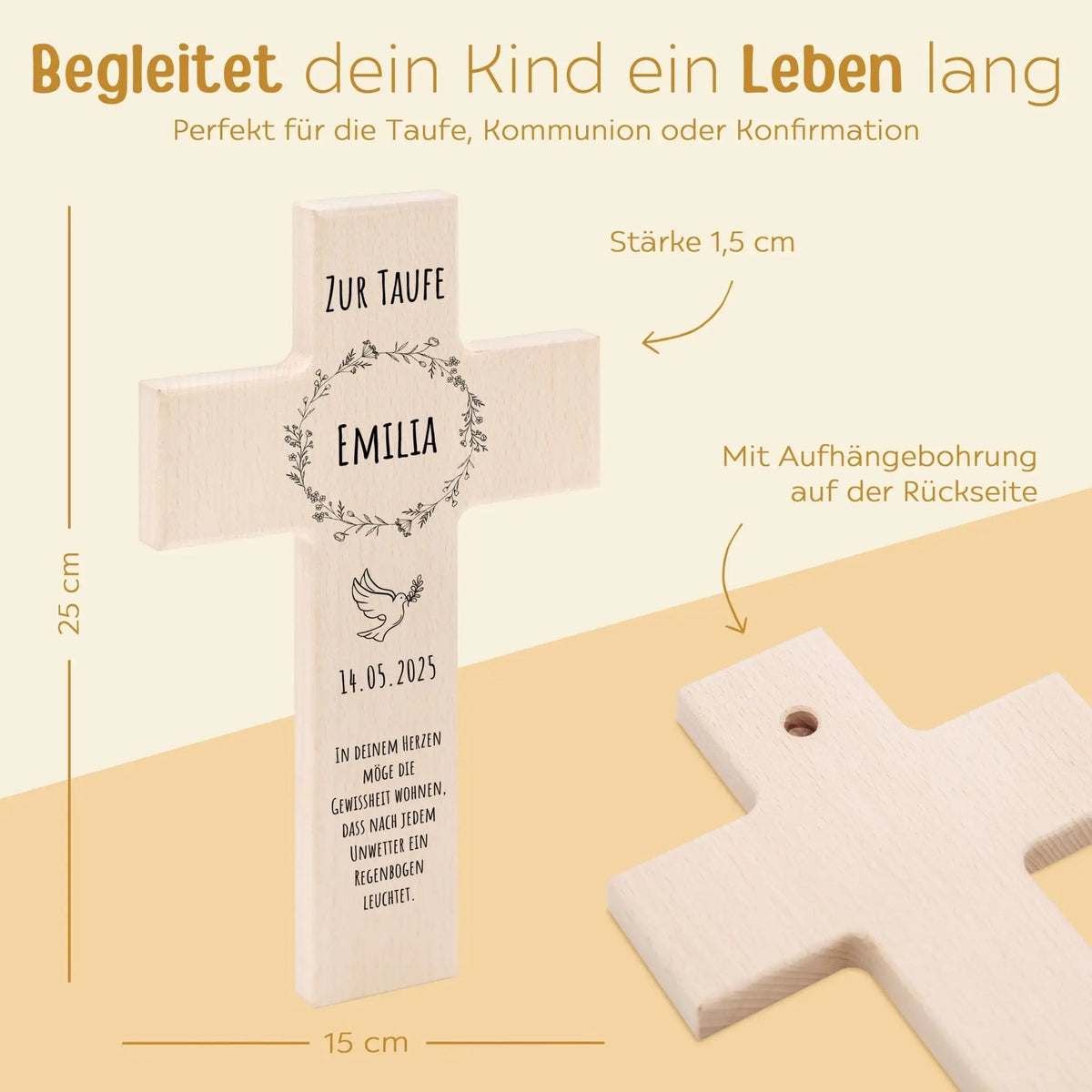 Taufkreuz aus Holz - Blumenkranz - wunderwunsch