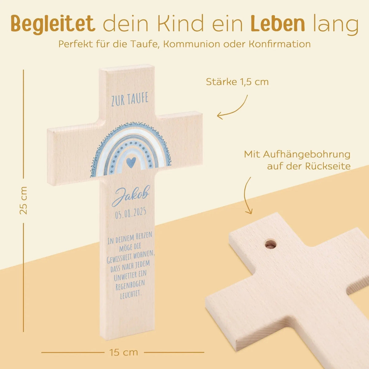 Taufkreuz aus Holz - Regenbogen Punkte Aquarell - wunderwunsch