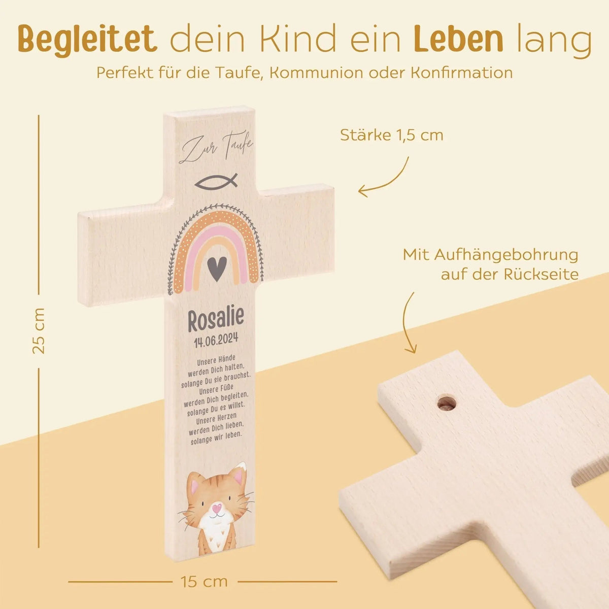 Taufkreuz aus Holz - Taufe Tier Aquarell - wunderwunsch