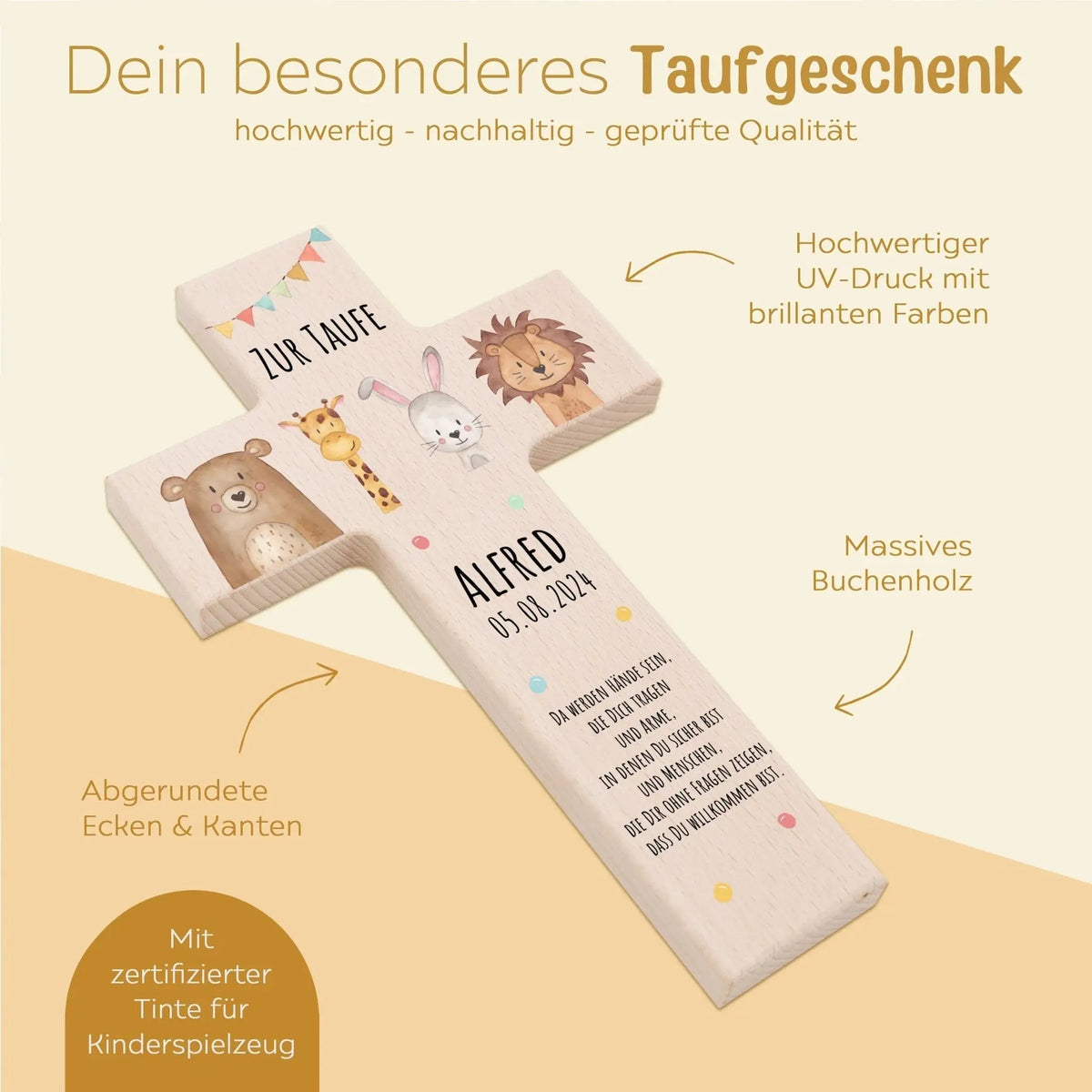 Taufkreuz aus Holz - Tiere Girlande oder Tiere Blumen Aquarell - wunderwunsch