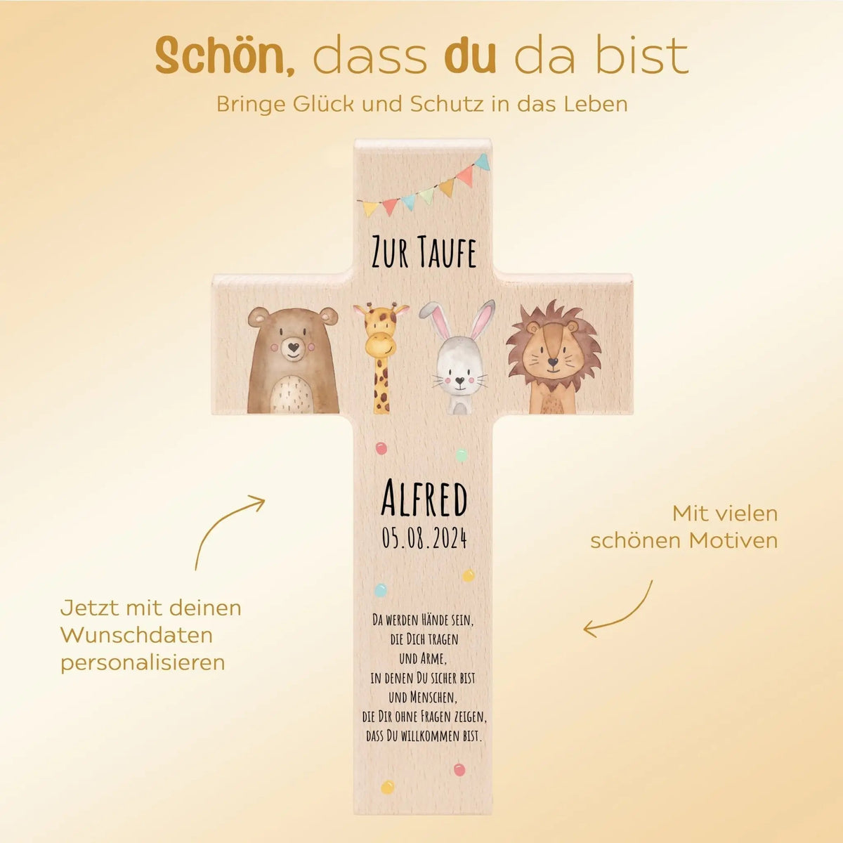 Taufkreuz aus Holz - Tiere Girlande oder Tiere Blumen Aquarell - wunderwunsch