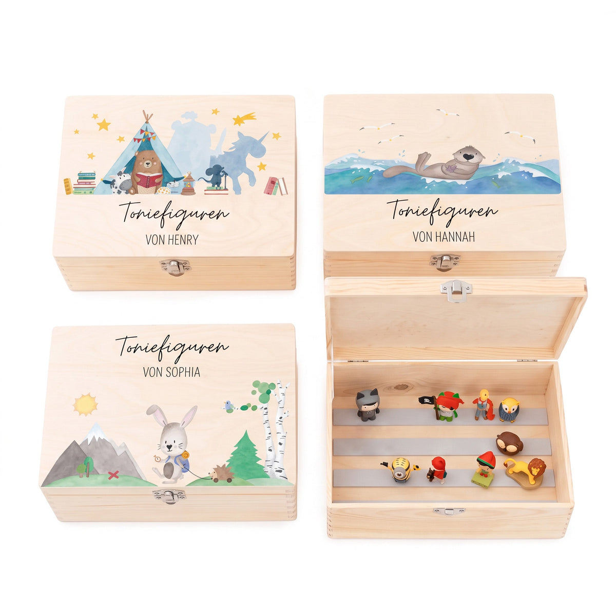 Toniefiguren Kiste Holz mit Magnetstreifen - Tier Szenario Aquarell - wunderwunsch