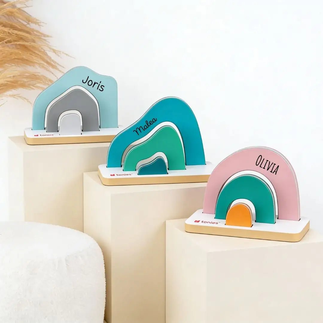 TONIES Mini Standregal personalisiert - Regenbogen, Berg, Haus - wunderwunsch
