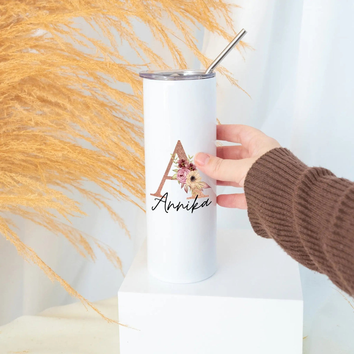 Trinkglas mit Strohhalm personalisiert - Glitzer Buchstabe - wunderwunsch