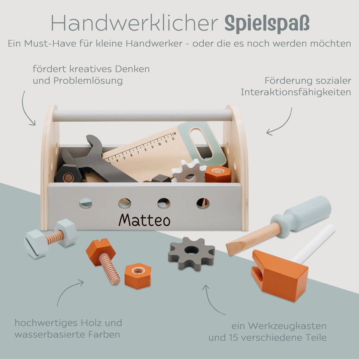 TRYCO Werkzeugkasten Holz mit Terrakotta personalisierbar - wunderwunsch