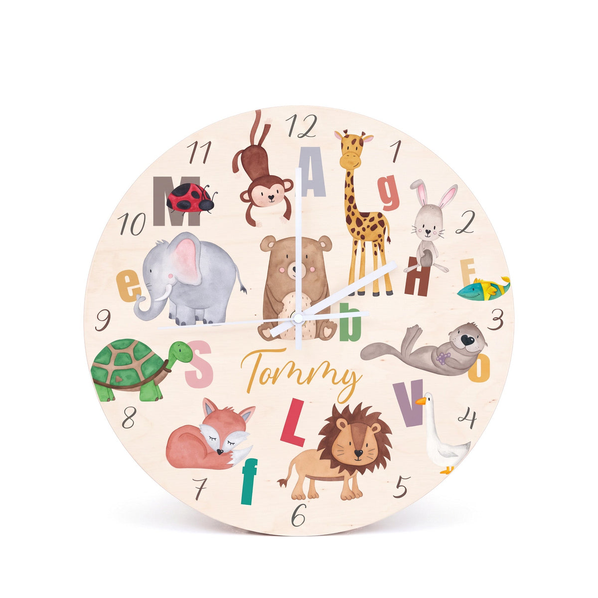 Wanduhr Kinder Holz personalisiert - Lernuhr Buchstaben Tiere - wunderwunsch
