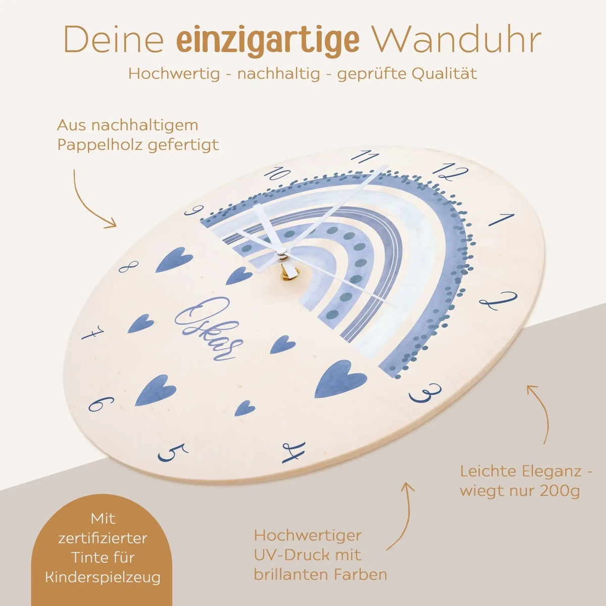 Wanduhr Kinder Holz personalisiert - Regenbogen Punkte Aquarell - wunderwunsch