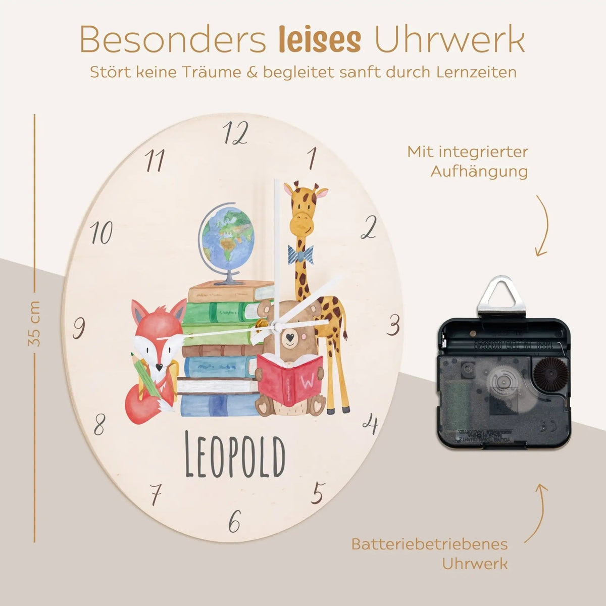 Wanduhr Kinder Holz personalisiert - Schule Tiere - wunderwunsch