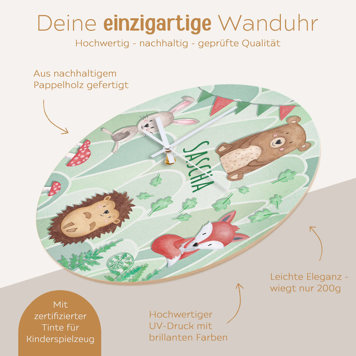 Wanduhr Kinder Holz personalisiert - Waldtiere - wunderwunsch