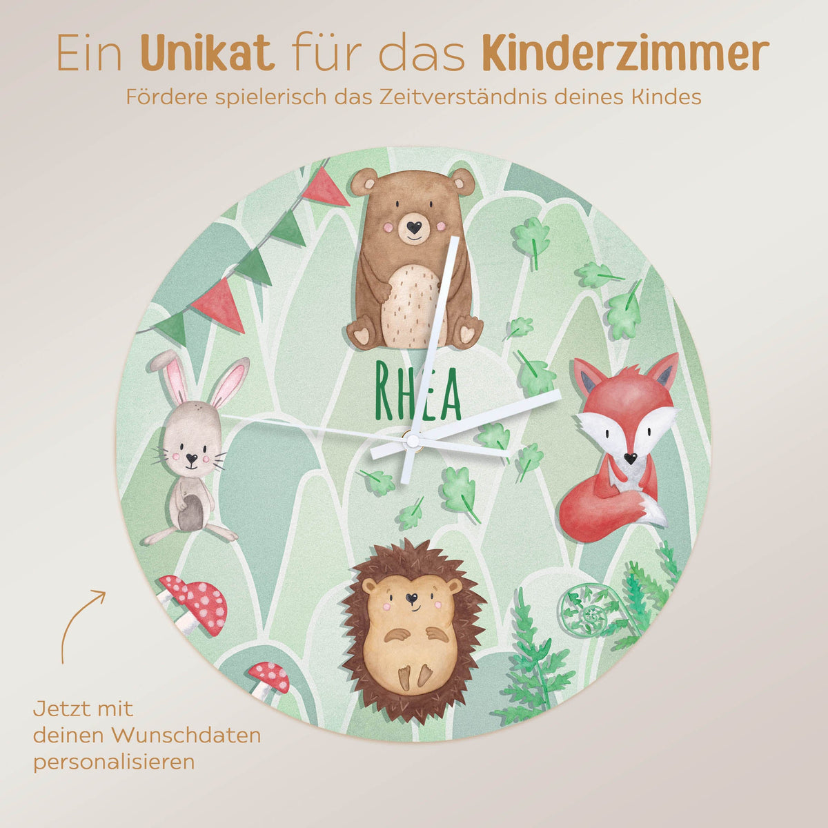 Wanduhr Kinder Holz personalisiert - Waldtiere - wunderwunsch