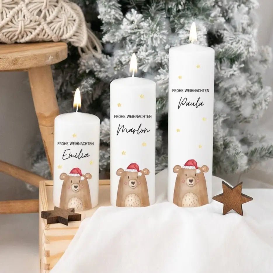 Weihnachtskerze personalisiert - Weihnachtsbär Aquarell - wunderwunsch