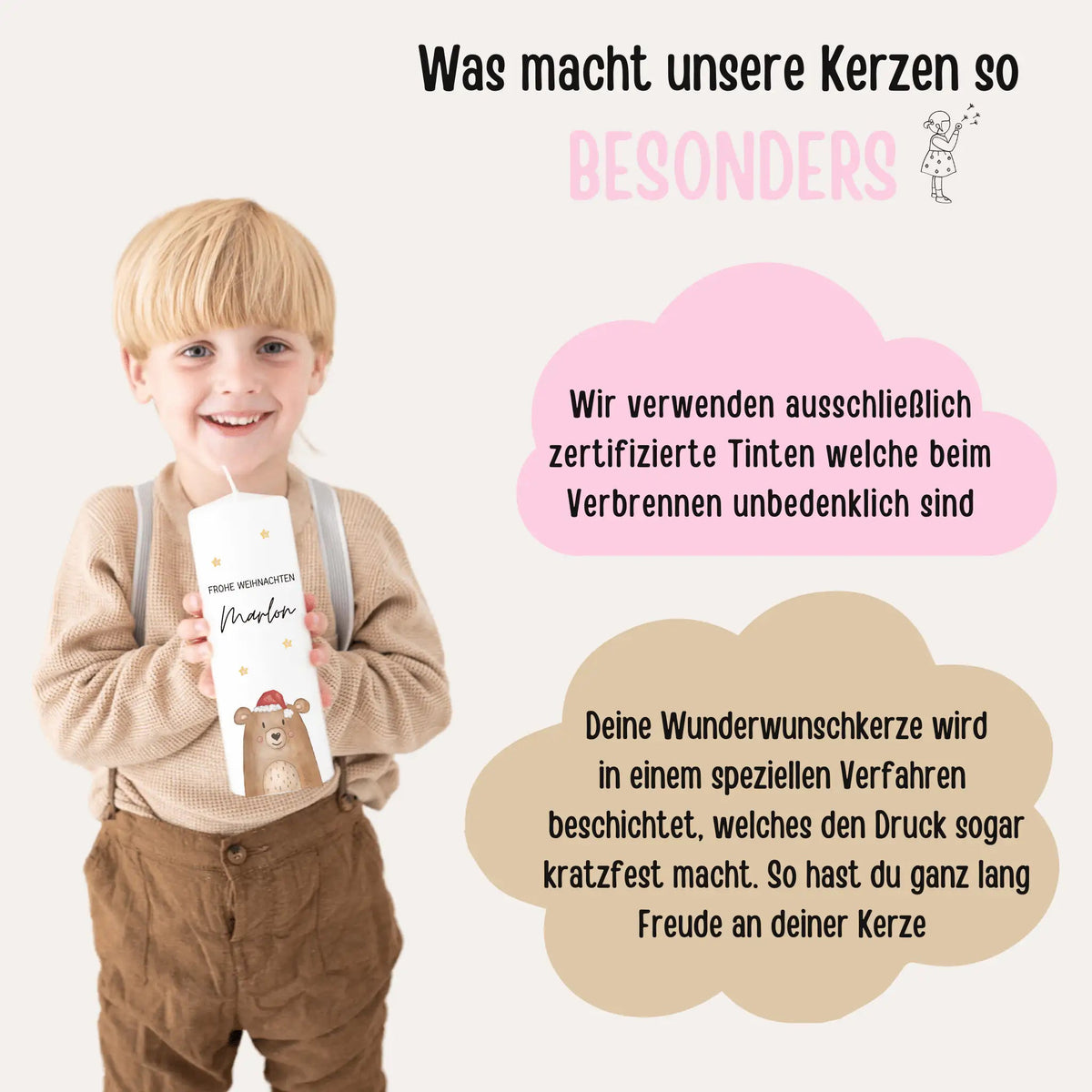 Weihnachtskerze personalisiert - Weihnachtsbär Aquarell - wunderwunsch