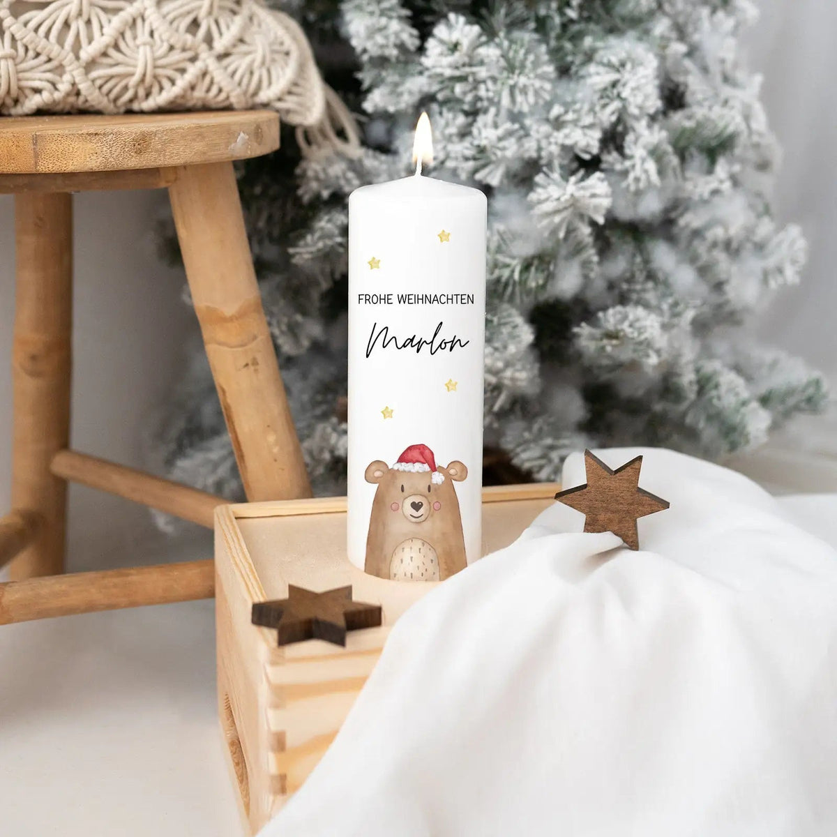 Weihnachtskerze personalisiert - Weihnachtsbär Aquarell - wunderwunsch