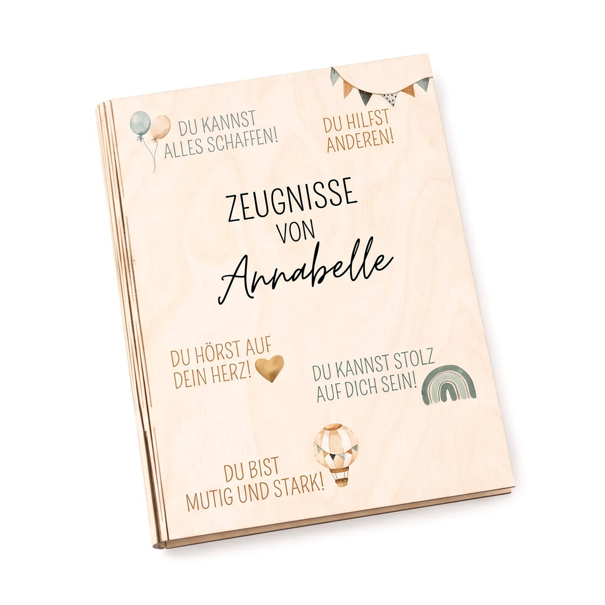 Zeugnismappe Holz personalisiert - Affirmationen Aquarell - wunderwunsch
