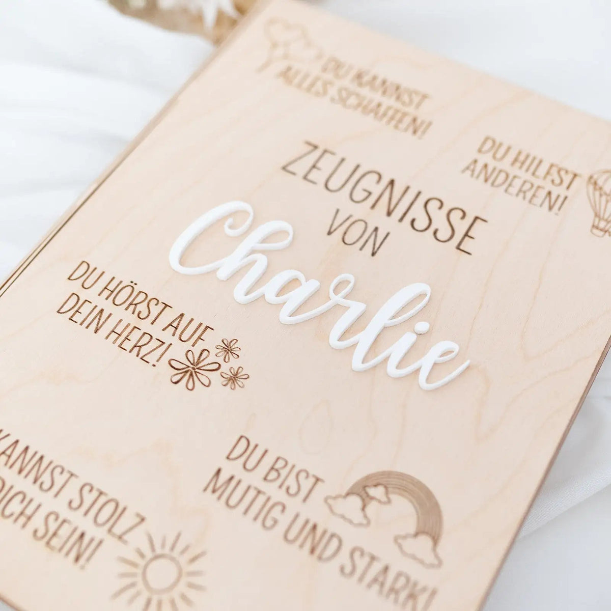 Zeugnismappe Holz personalisiert - Affirmationen Gravur - wunderwunsch