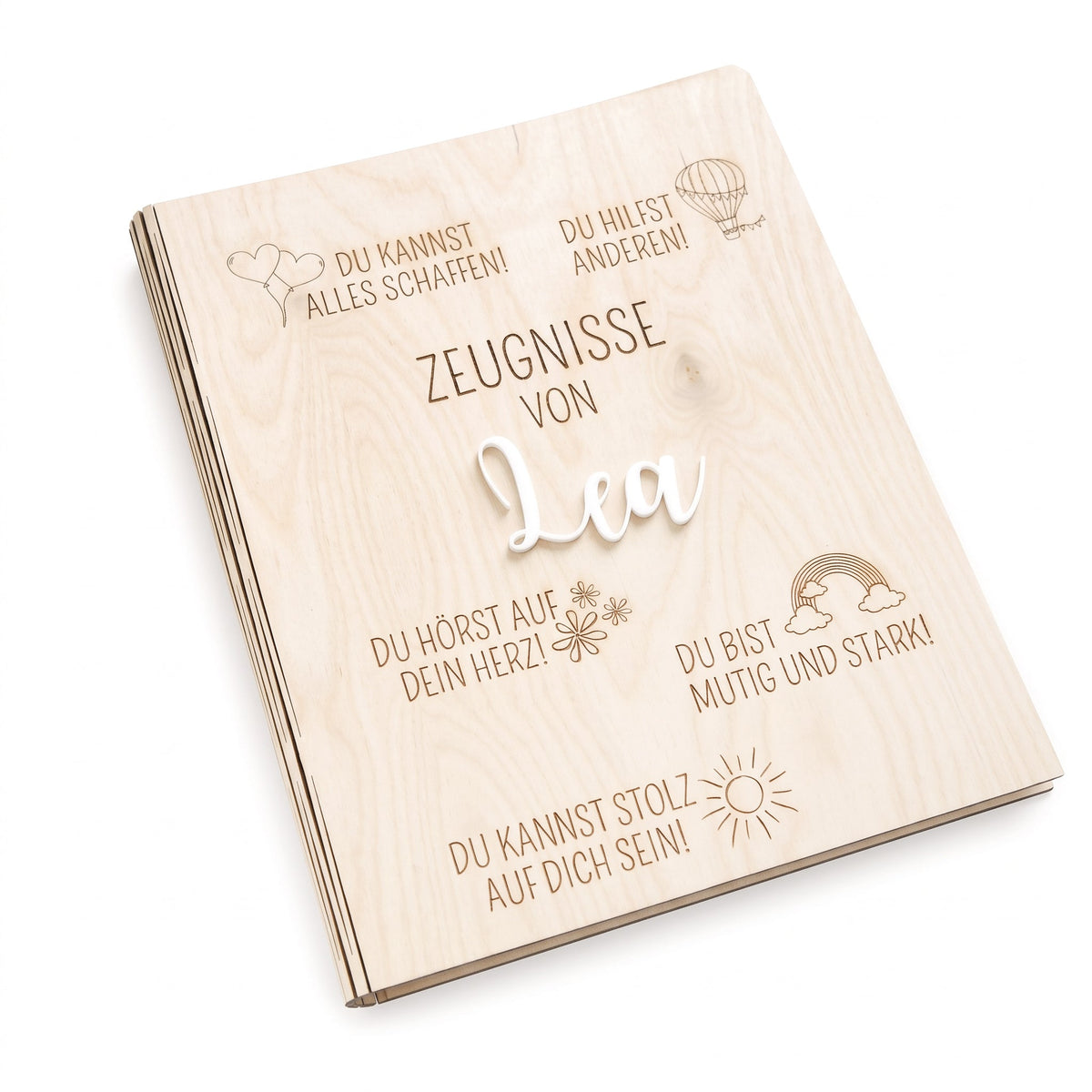Zeugnismappe Holz personalisiert - Affirmationen Gravur - wunderwunsch
