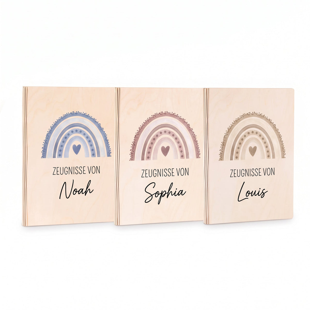 Zeugnismappe Holz personalisiert - Regenbogen Punkte Aquarell - wunderwunsch